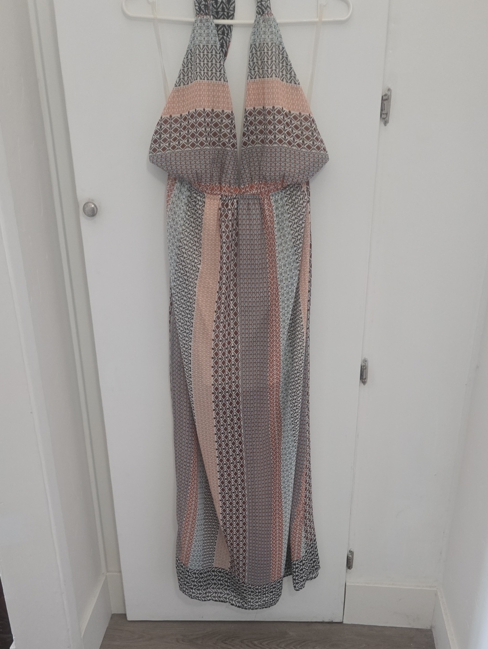 audrey Halter Maxi Dress in Peach and Gray Geometric Stripes